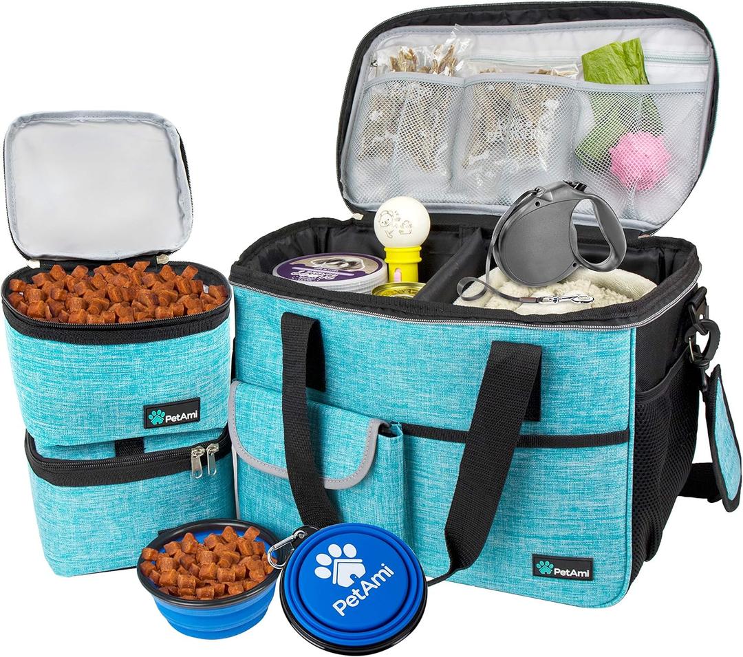PetAmi Dog Travel Bag, Travel Pet Bag Organizer, Dog Food Travel Bag with Food Container and Bowls, Dog Travel Supplies Gift Accessories for Weekend Camping, Dog Cat Diaper Bag (Sea Blue, Medium) (Medium - 14.5"L x 8"W x 12.0"H)