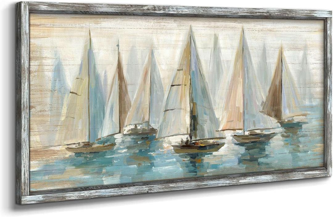 Beach Ocean Framed Wall Art: Sailboat Pictures Coastal Wooden Painting Seaside Prints Seascapes Artwork for Bedroom(40x20)