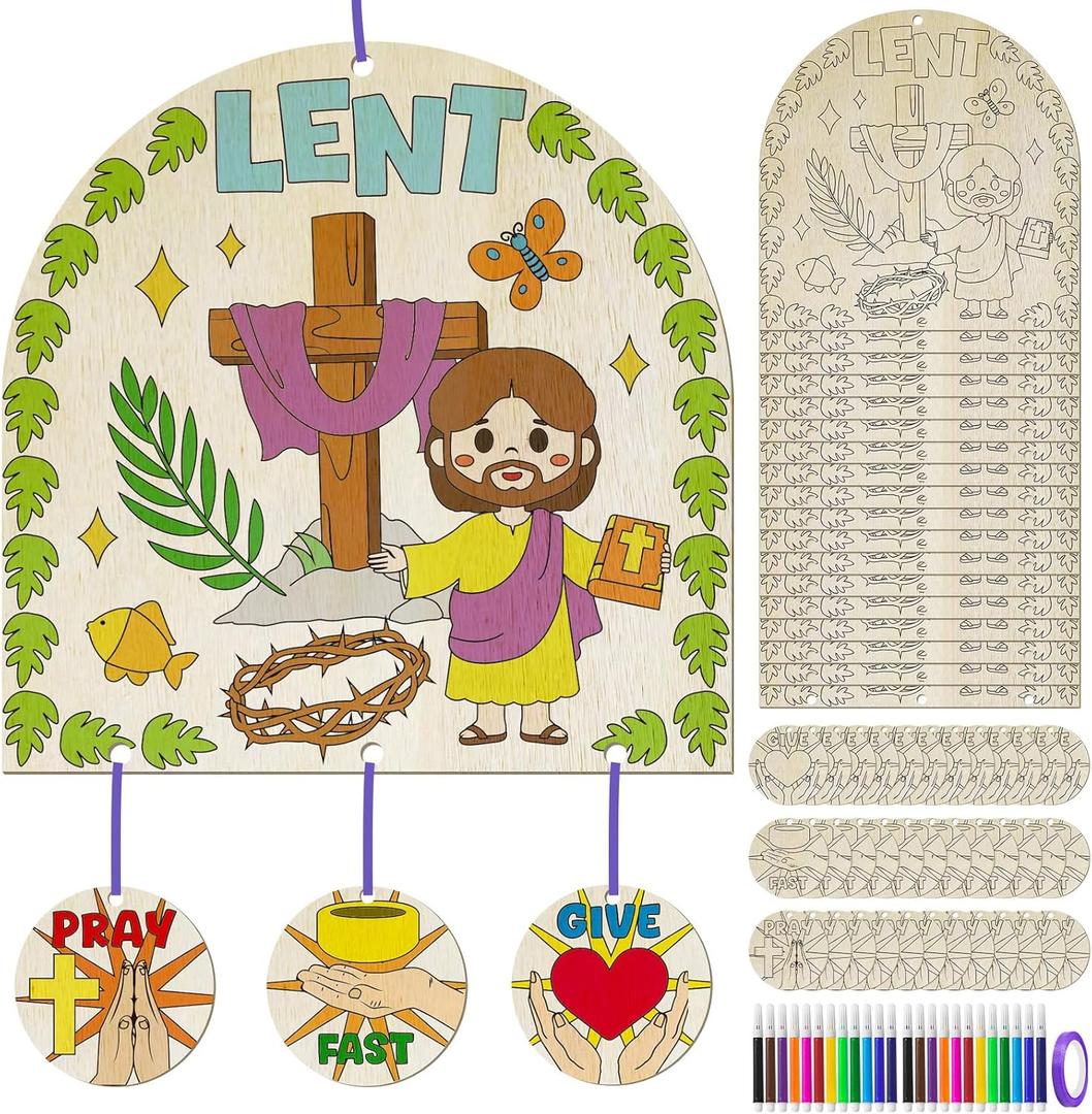 Cinrobiye 24 Sets Lent Crafts Kits for Sunday School Pray Fast Give Hanging Sign Christian Easter Sunday School Craft Bulk DIY Crafts for Kids Classroom Church VBS Activities Decorations