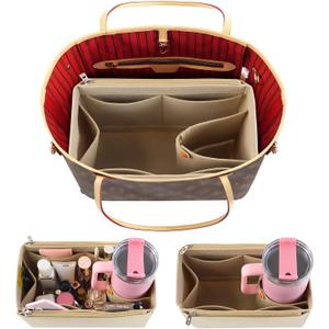 Tote Bag Purse Organizer Insert Pouches Fit for Neverful MM GM, Beige Handbag Organizer with Water Bottle Holder Compatible with Stanley Cup, Purse Accessories Must Haves Gifts for Women X-Large
