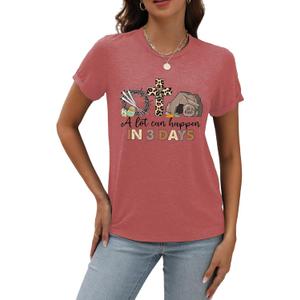 Easter Shirts for Women Christian Sunday Church Tees Funny Religious Faith T-Shirts Cute Bunny Graphic Short Sleeve Tops (Large, Red1)