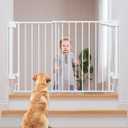 Cumbor 29.2-43" No Bottom Bar Baby Gate for Stairs, 2-in-1 Auto Close Dog Gate Indoor, Hardware Mounted Pet Gate for Doorways with Large Walk Thru Door, Child-Proof Safety Gate for Kids (White) (29.2-43" W, 28" H)