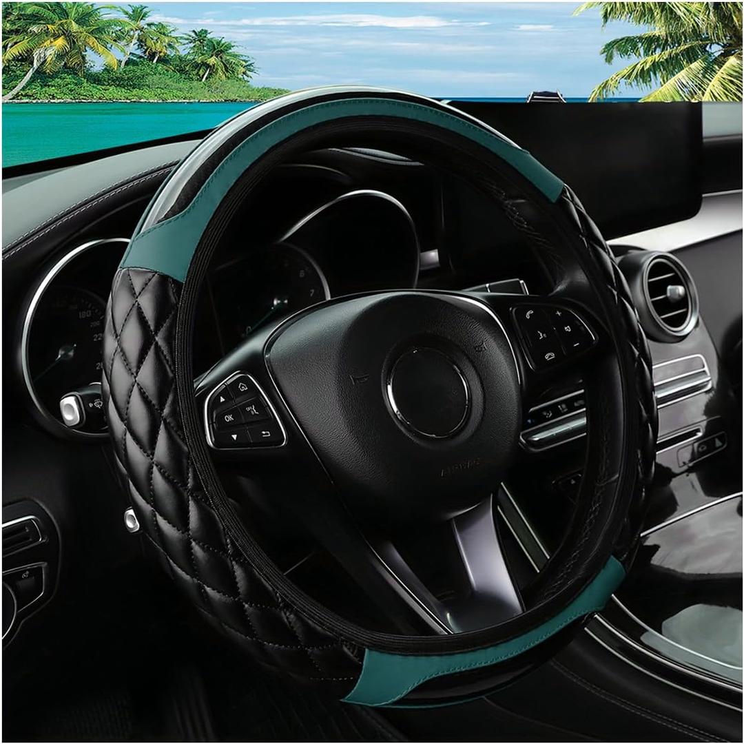 Car Steering Wheel Cover, 14.5-15inch Leather Anti-Slip Car Wheel Cover Protector, Safety Comfortable Desgin, Universal Auto Steering Wheels Accessories for Cars Truck SUV (Dark Green)