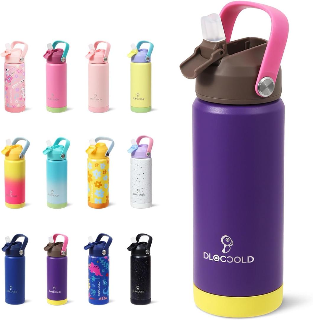 DLOCCOLD 18oz Kids Insulated Water Bottle with Leak Proof Straw Lid, Stainless Steel Water Bottle with Handle & Silicone Boot, Reusable Tumbler for School, Travel, BPA Free, Gift for Boy, Girl (Purple)