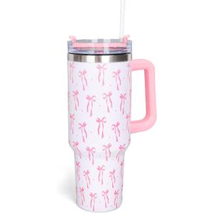 Whaline 40 oz Pink Bow Tumbler with Handle Straw and Lid Bow-Knot Travel Coffee Tumbler Cup for Women Friend Holiday Birthday Gift