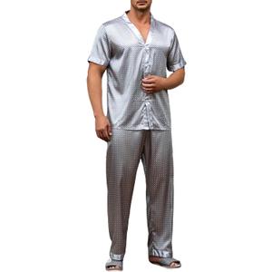 WDIRARA Men's 2 Piece Pajama Set Geo Print Satin Button Down Short Sleeve Sleepshirt With Pants (3X-Large, Grey)