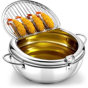 3.6 Qt (3.4 L) Deep Fryer Pot 304 Stainless Steel Tempura Frying Pot with Lid and Oil Drain Rack Japanese Deep Fryer Pan with Temperature Control for Kitchen French Fries, Chicken