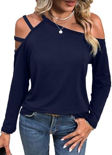 LilyCoco Womens Off The Shoulder Tops Asymmetrical Neck Long Sleeve Cut Out Shirts Navy Large