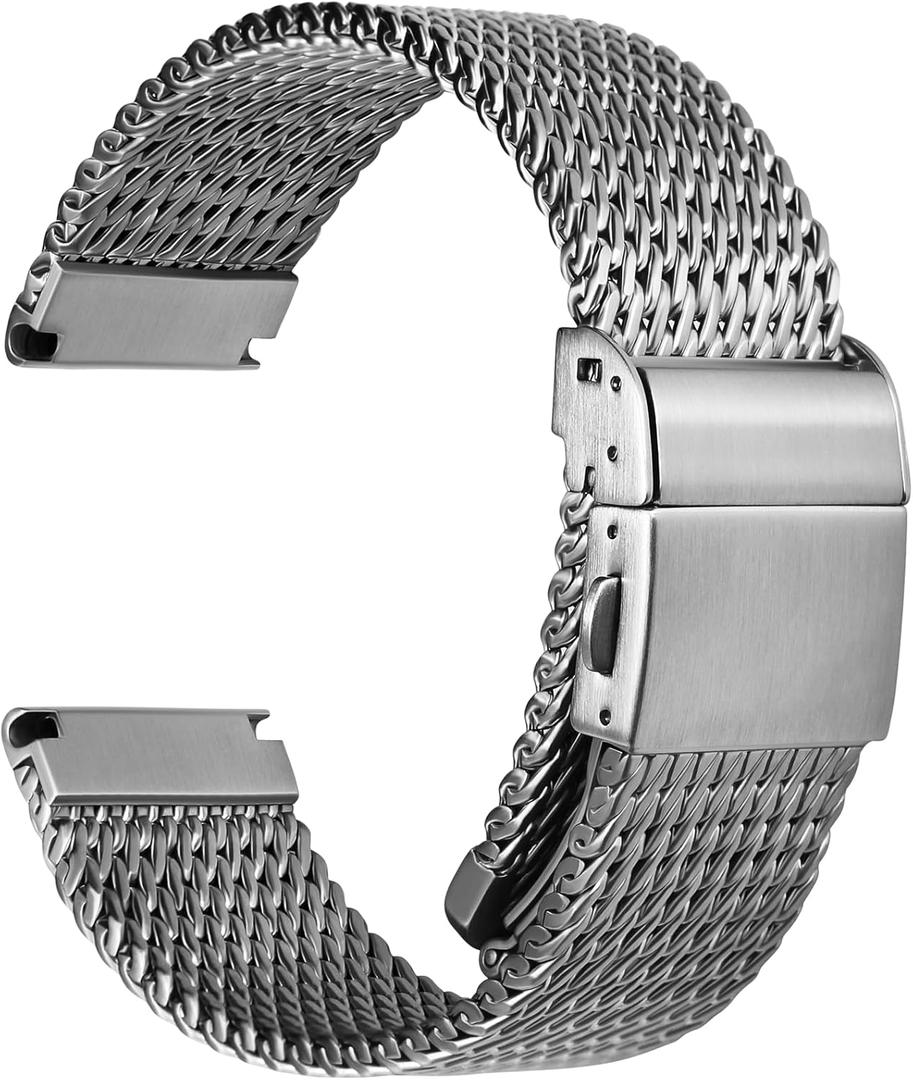 REZERO Stainless Steel Watch Bands for Men, 316L Milanese Mesh Watch Straps, Brushed Matte Watch Bracelets, Metal Watch Band Replacements Silver/Black - 19mm 20mm 21mm 22mm 24mm (Silver - Upgraded Clasp)