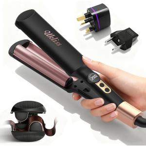 Travel Mini Waver Hair Tool Crimper for Women 1/ 2 inch Small Double Barrel S Waver Curling Iron Dual Voltage (110-240V) with European Plug Adapter, 5 Temps, Anti-scalding, Auto-Off (Black)