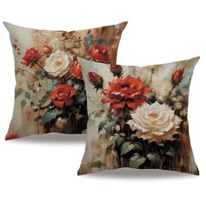 2 x 7COLORROOM Rose Throw Pillow Cover, Blooming Red Rose with Flowers &Green Leaves Pattern Decorative Square Pillowcases,18 X 18 Inches 2 Pack for Sofa,Couch,Bed. (Red/White)