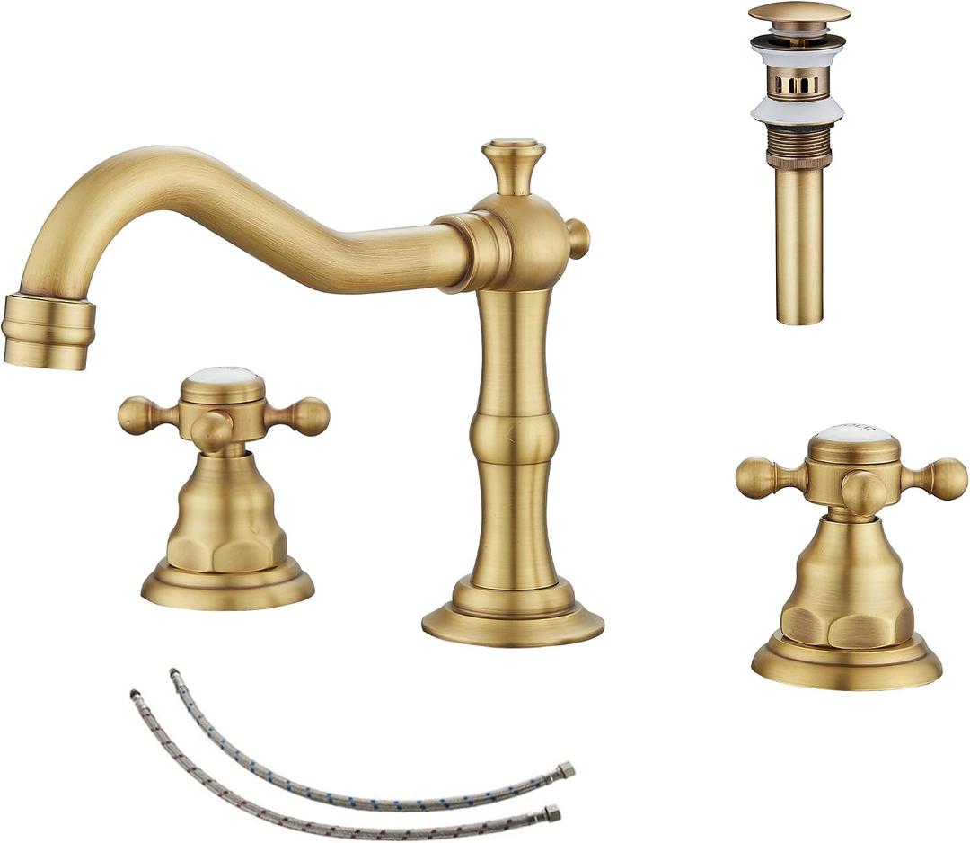 2 Handles 3 Holes Faucet Widespread Bathroom Sink Faucet Antique Brass Basin Tap Mixer Supply Hose Included Matching Metal Pop Up Drain