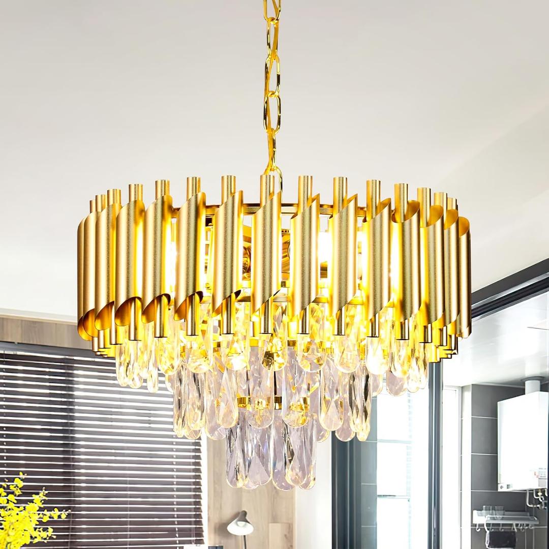 FRIXCHUR Gold Crystal Chandelier, 15.7" 3-Tier Raindrop Pendant Light, 5-Light E12 Modern Adjustable Ceiling Fixture for Dining Room Living Room Kitchen Island Foyer, 16