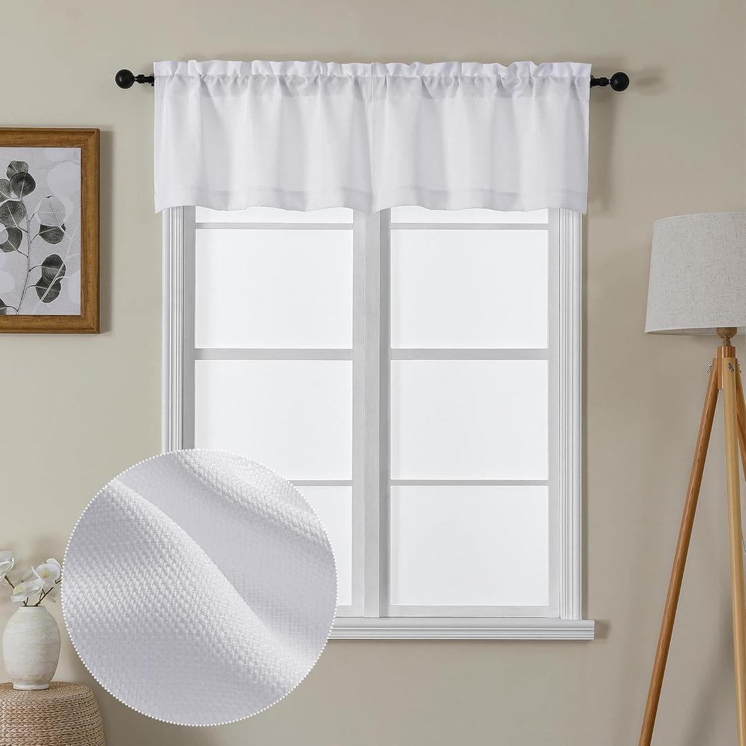 Lecloud Bessie White Valances for Windows 2 Panels Set, Short Cafe Kitchen Curtains with Rod Pocket, Window Valances Curtains for Bedroom Basement, Each 30 W x 14 L