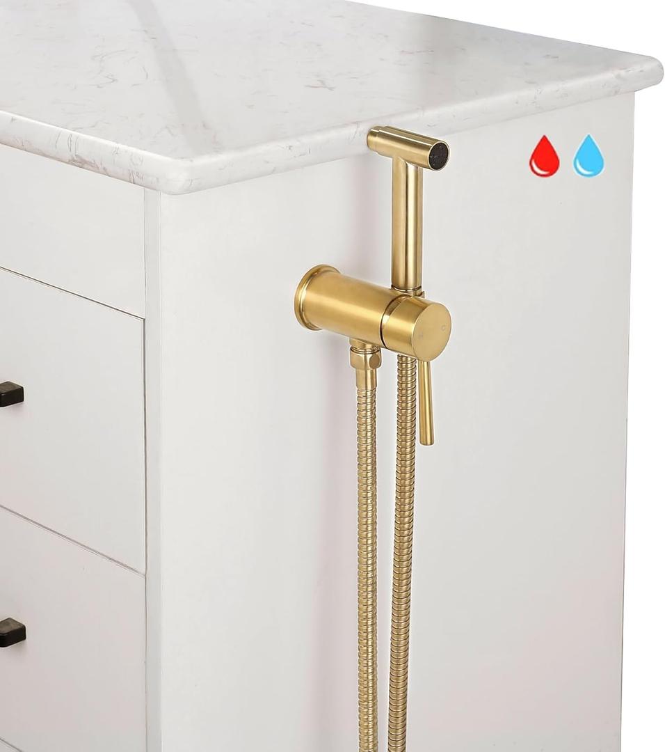 Gold Hot and Cold Bidet Spray Set Mounted on The Bathroom Vanity, Hand Held Stainless Steel Warm Water Bidet Sprayer for Toilet with Brass Hot and Cold Mixing Valve