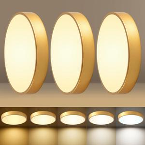 LED 12 in Round Flush Mount Ceiling Light Gold 24W 2700K-5000K,Thyristor Dimmable,Metal Gold Ceiling lamp and is Ideal for hallways,Kitchens,bedrooms, corridors,Children's Rooms 3 Pack