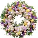 20 Inch Easter Eggs Hydrangea Flower Wreath for Front Door, Spring Summer Lamb Ear Eggs Floral Wreath with Berries for Indoor Outdoor, Easter Home Decor
