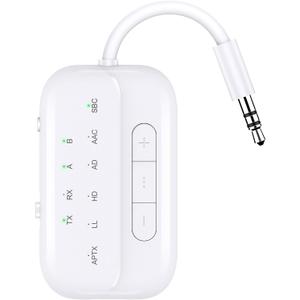 Bluetooth Transmitter Receiver, 2-in-1 V5.3 Wireless Adapter for Airplane, TV, PC, Gym, Switch. Supports up to 2 AirPods/Headphones. Audio Receiver for Car/Home Stereo,with AptX Low Latency & HD