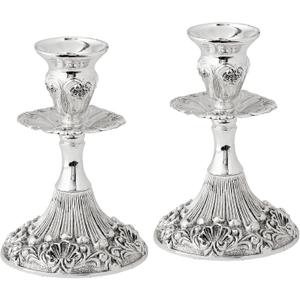 Silver Plated Candlesticks - 2 Pack Set - Pair of 5 Inch Ornate Candle Holders with Round Base and Floral Design