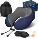MLVOC Travel Pillow 100% Pure Memory Foam Neck Pillow, Comfortable & Breathable Cover, Machine Washable, Airplane Travel Kit with 3D Contoured Eye Masks, Earplugs, and Luxury Bag, Standard (Blue)