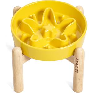 LE TAUCI Ceramic Slow Feeder Dog Bowls Elevated, 0.6 Cups Raised Dog Bowl with Wooden Stand for Small Breed, Pet Dishes to Slow Down Eating, Puzzle Cat Food Bowl, Star Yellow
