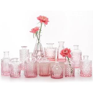 12Pcs Glass Bud Vase Set, Small Flower Vase for Centerpieces, Pink Bud Vases in Bulk, Mini Vintage Vase for Rustic Wedding Decorations
