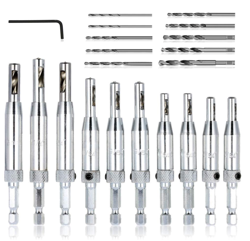 18 pcs Center Drill Bit Set, AFUNTA Self Centering Hinge Tapper Core Hole Puncher 5/64'' 7/64'' 9/64'' 11/64'' 13/64'' 5mm 1/4'' & 1 Pcs Hex Key & 10 Pcs Replacement Drill Bits