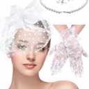 Honoson 4 Pcs Fascinators Hats Set for Women Tea Party Accessory Headpiece Veil Lace Glove Pearl Set, Wedding Halloween Xmas (White)