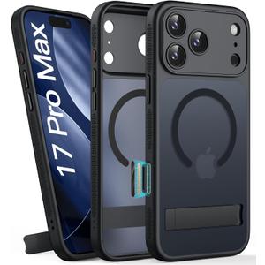 For iPhone 17 Pro Max Case with Stand, Magnetic Compatible with MagSafe, Camera Control Button, Full Lens Protection, Rugged Military Grade Drop, Translucent Matte Slim Case for 17 Promax, Black