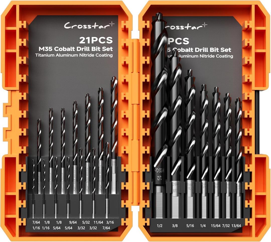 Crosstar M35 Cobalt Drill Bit Set - 21pcs 1/16"-1/2" Titanium Coated Self-Centering Metal Drill Bits for Hardened Steel, Stainless Steel, Cast Iron | Bullet Point Tip, High-Speed Jobber Bits