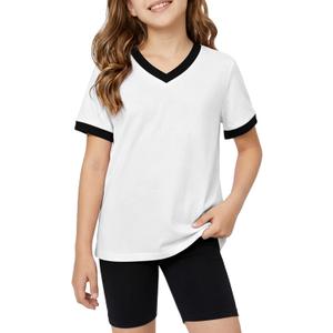 Poroka Girls Short Sleeve Shirt V-Neck Tee with Ribbed Trim Plain T-Shirts Soft Fashion Summer Tops for Girls, 7-14 Years