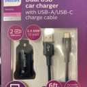The product is a Philips Dual USB car charger with a USB-A and USB-C charge cable.
It has two USB ports and provides 2.4 AMPs and 12 watts of power. 
The included braided cable is 6 feet (1.8 meters) long.
