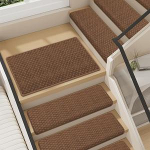 VONDERZ Bullnose Stair Landing mat, Peel and Stick Carpet Stair Treads for Wooden Steps Indoor with Adhesive Non-Slip Backing - Lattice Pattern Brown