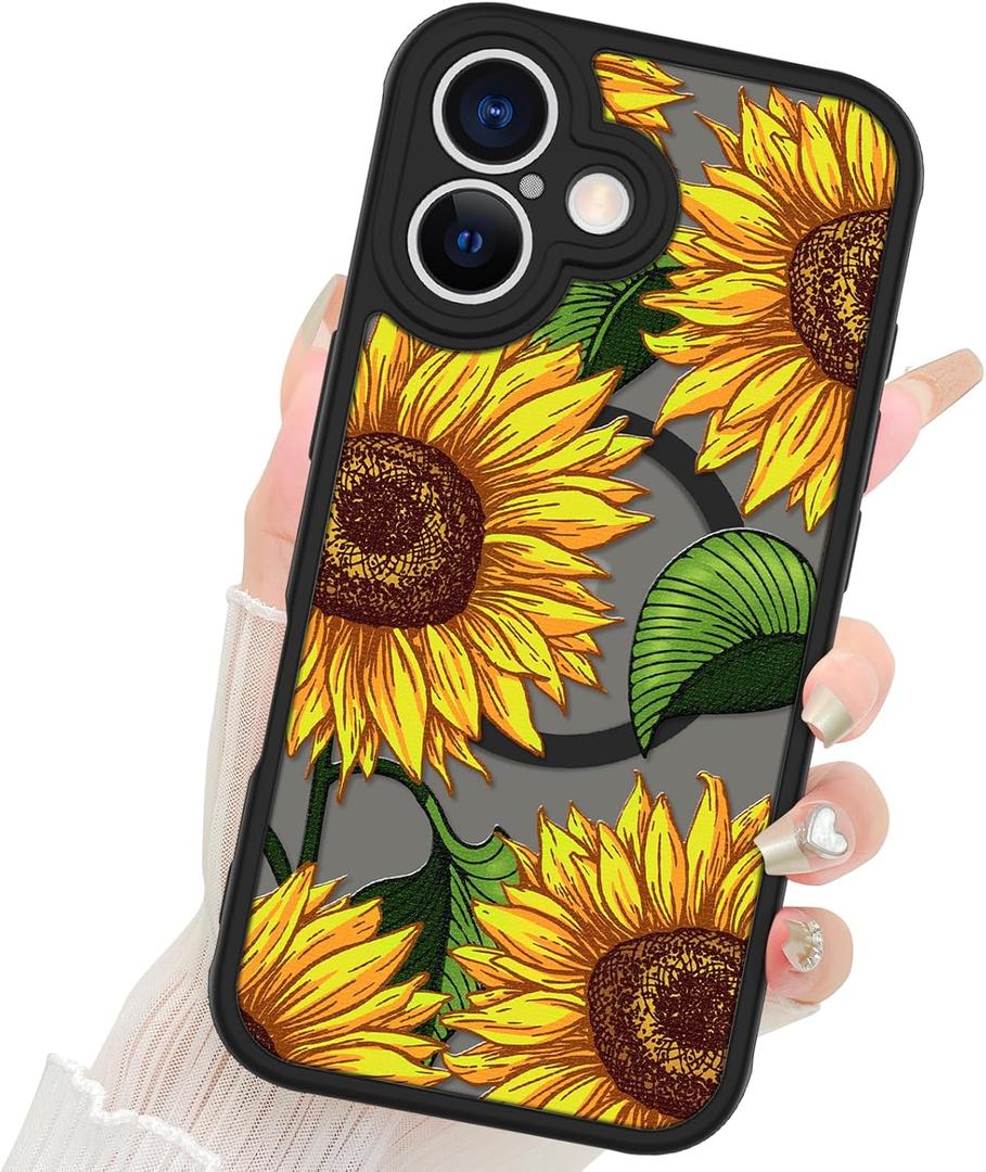 Fiyart Designed for iPhone 16 Plus Case Cute Sunflower Flowers Design Compatible with MagSafe,Soft Bumper with Hard PC Back Anti-Scratch Phone Cover for Women Girls 6.7"-Yellow