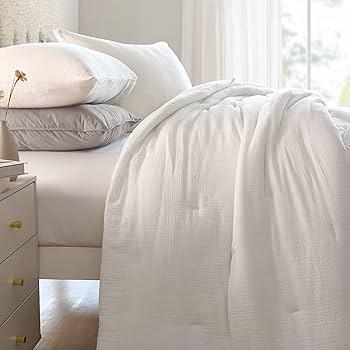 HOMBYS 100% Cotton Muslin Comforter Queen Size 88x88, Lightweight and Breathable Down Alternative Comforter,Soft Gauze Summer Off White Reversible Fluffy Duvet Insert