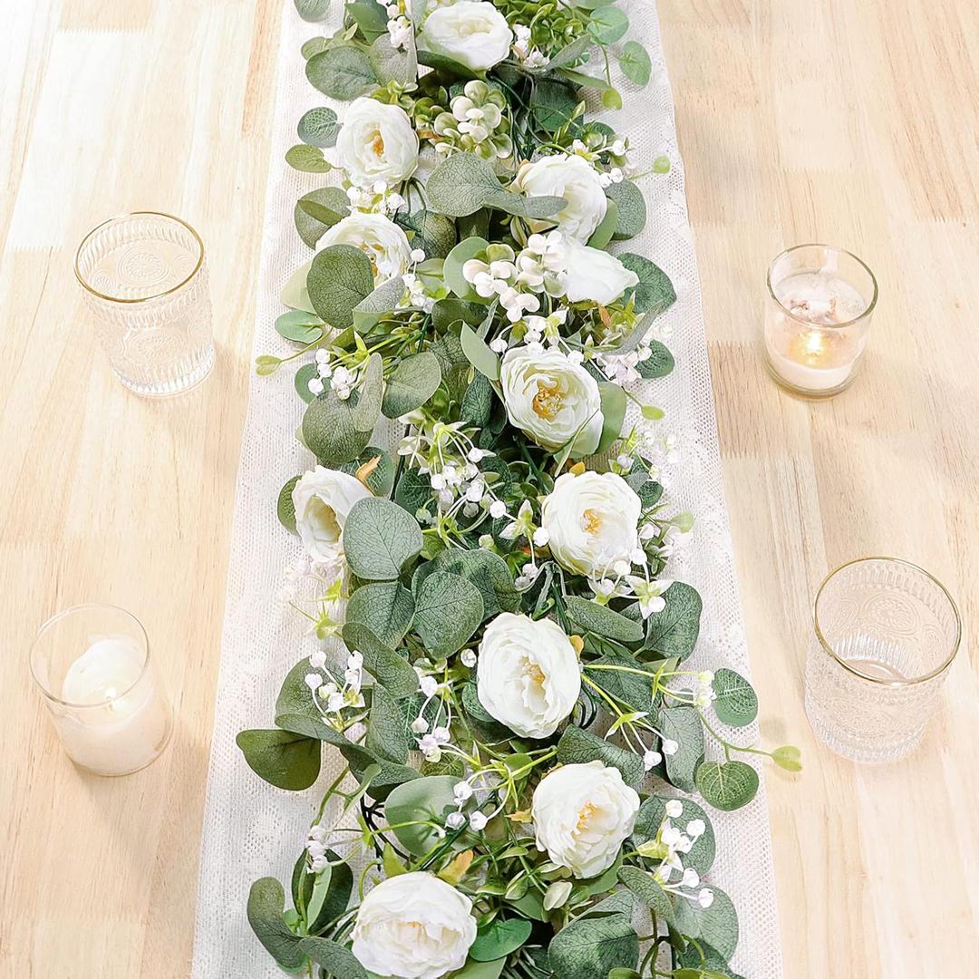 TOCHGREEN 2 Pack 13Ft Artificial Eucalyptus Flower Garland with White Roses, Fake Rose Flower Greenery Garland Floral Vines for Wedding Home Party Table Runner Decor (2PCS, White)