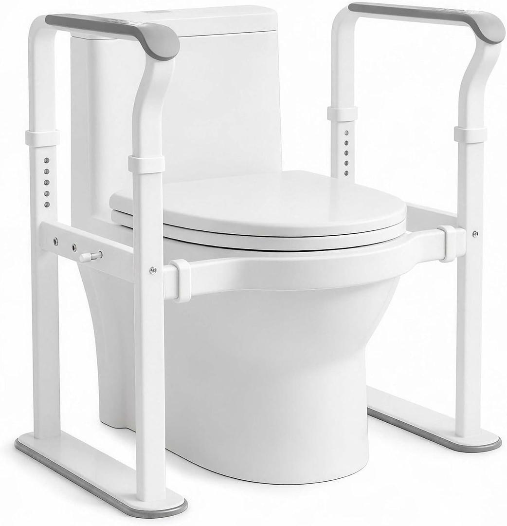 Toilet Safety Rails for Seniors, 500 lb Heavy-Duty Metal Toilet Safety Frame with Safety Strap, Adjustable Height & Width, Fits Most Toilets, Bathroom Support for Elderly and Disabled Adults