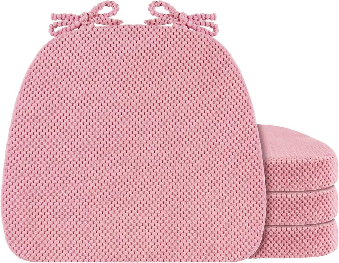 4 Pack Pink Chair Cushions with Ties Removable Covers, D-Shape Dining Kitchen Chair Seat Pads Non Slip 17"x16"