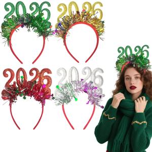 Pvoiue 2026 New Year's Eve Party Headband - Happy New Years Headband - Festive Party Dress-Up Hairband, Star and Tinsel Embellishments - New Year's Eve Celebration Accessory 4Pcs (Red + Gold + Green + Silver)