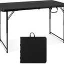 Folding Table 4 Foot Portable Heavy Duty Plastic Fold-in-Half Utility Table Small Indoor Outdoor Adjustable Height Folding with Carrying Handle, Camping and Party, Black