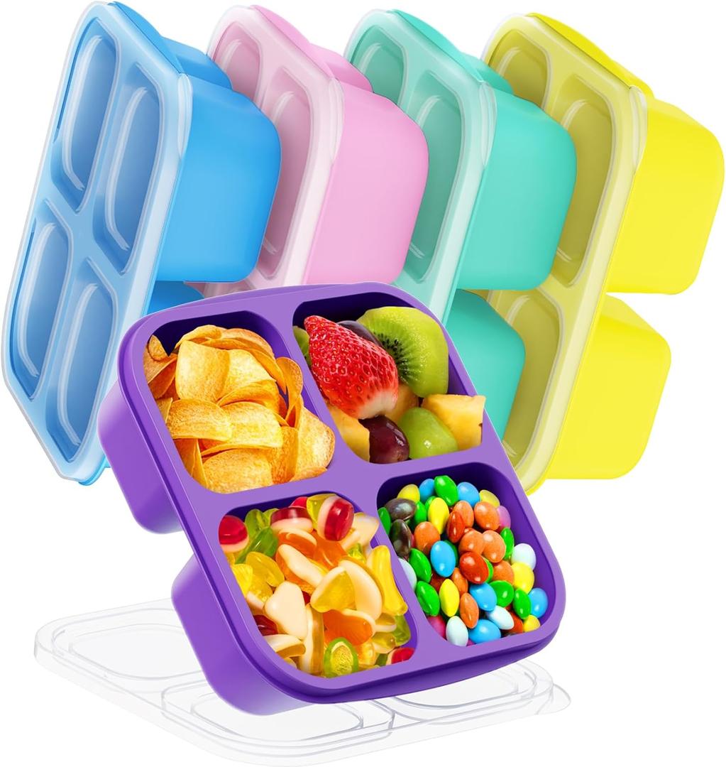 Canfanni 5 Pcs Bento Snack Containers, Reusable 4 Compartment Divided Food Storage Containers, Divided Lunchable Container for School, Work and Travel (Transparent Lids)