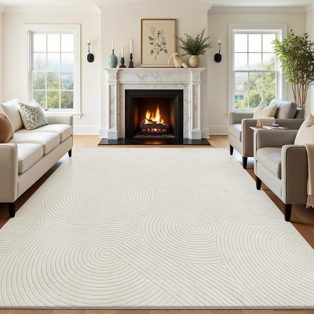 U'Artlines 8x10ft Washable Area Rug for Living Room, Beige | Minimalist Modern, Soft Fluffy, Non Slip High-Low Pile Rug for Bedroom, Carpet for Dining Area, Kids Nursery Room