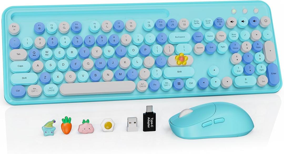 Wireless Keyboard and Mouse Combo, Retro Round Keycaps, Full-Size Stylish Typewriter Keyboard with Phone/Tablet Holder, Ergonomic Mouse with 3-Level DPI, 2.4GHz Connection for Windows/PC (Ice Blue)