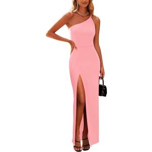 PRETTYGARDEN Women's Summer Formal Wedding Guest Dresses One Shoulder Spaghetti Strap High Slit Maxi Bodycon Dress S