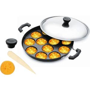 Nonstick Aluminum Appam Pan, 12 Pits, Includes Lid, Easy to Clean, Dimension: Length 9", Width 9", Height 2"