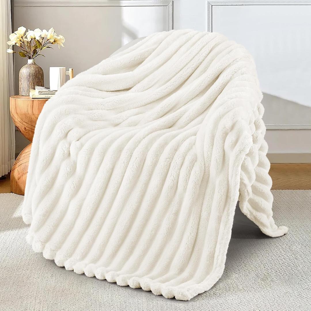 Exclusivo Mezcla Fleece Throw Blanket for Couch, Super Soft Striped Jacquard Bed Blanket, Lightweight Fuzzy Cozy for All Seasons, 50x60 Inches, Ivory