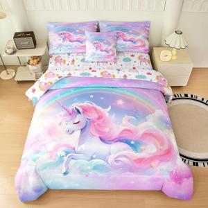 MWMWMW 6-Piece Unicorn Bedding Sets Twin for Girls Kids, Kawaii Pink Rainbow Unicorn Comforter Set, Pink Girls Twin Size Bedding Set with Comforter, Pillowcase, Sheet Set & Pillow Cover