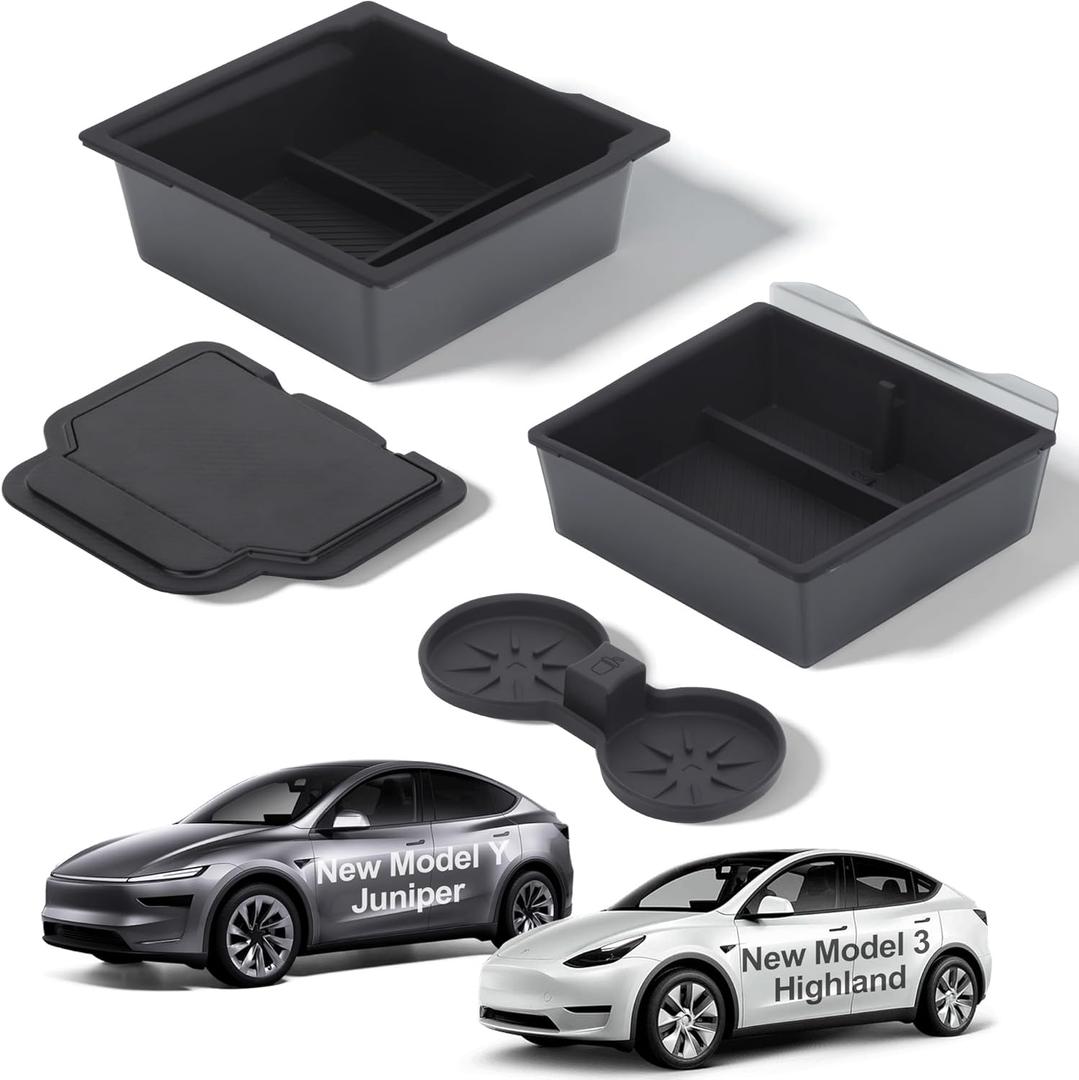 Model Y Juniper and Model 3 Highland for Tesla Center Console Organizer Tray, Double Layer Space New Model Y Juniper Accessories/Model 3 Highland Accessories, 4PCS Black
