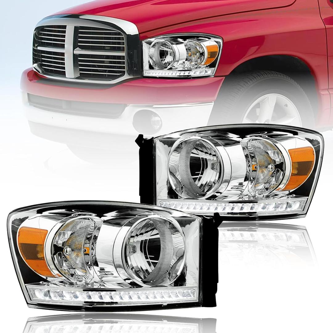 Headlights LED for 2006-2008 Dodge Ram 1500 2500 3500 LED DRL Head Lights Assembly Halogen Headlamps Amber Reflector Chrome Housing