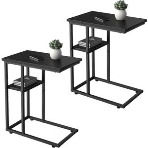 C Shaped End Table Set of 2, C Table End Table with Storage Shelves for Living Room Bedroom, Sturdy C Shaped Side Table for Couch Sofa Bedside Small Space, Slide Under Couch Table, Black